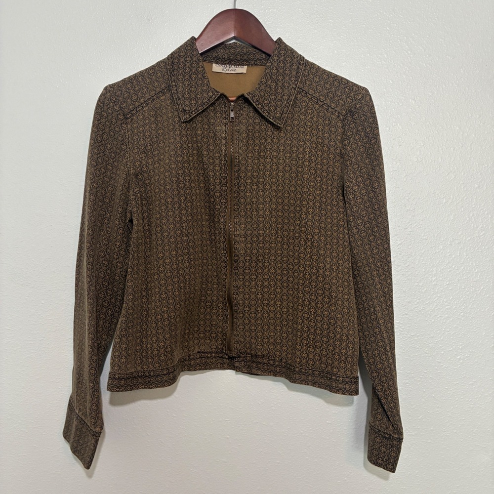 Vintage Cynthia Max Relax Womens Brown Geometric Print Tencel Zip Up Jacket Sm